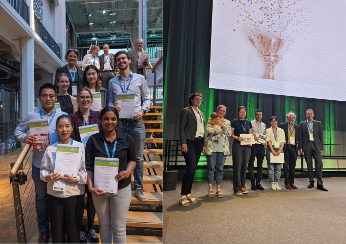 Group of diverse award winners holding certificates in two different settings.